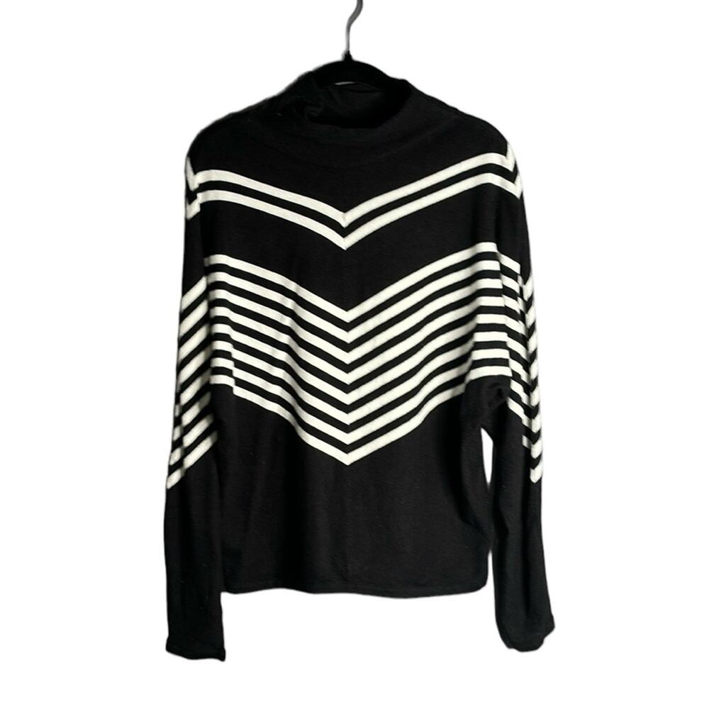 Tahari Black White Striped Mock Turtleneck Pullover Sweater Small